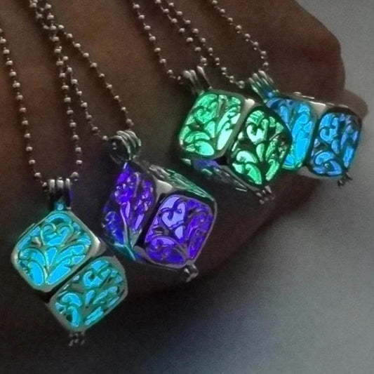 Glow In The Dark Silver Filigree Cube Necklace