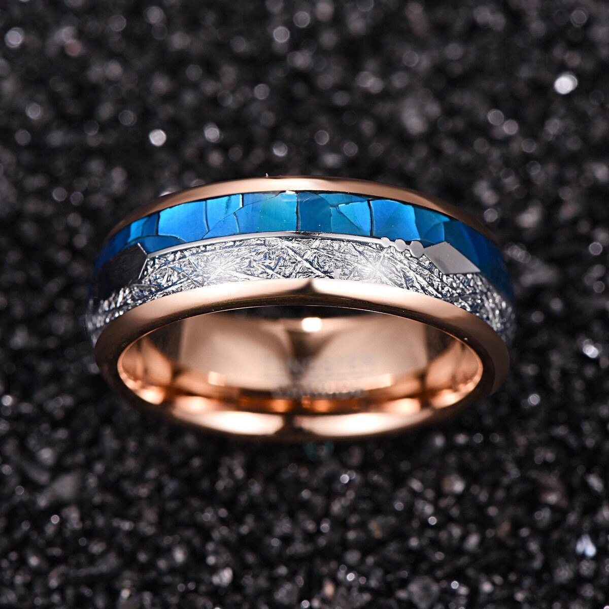 8mm shell ring with Gibeon meteorite and blue abalone shell, set in durable rose gold Tungsten.