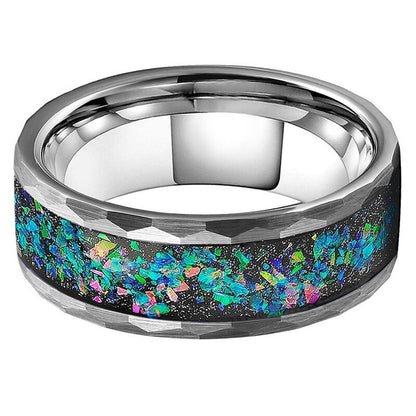 8mm silver Tungsten men's ring featuring holographic flakes, opal chips, Moon dust, and a crushed black sandstone background.