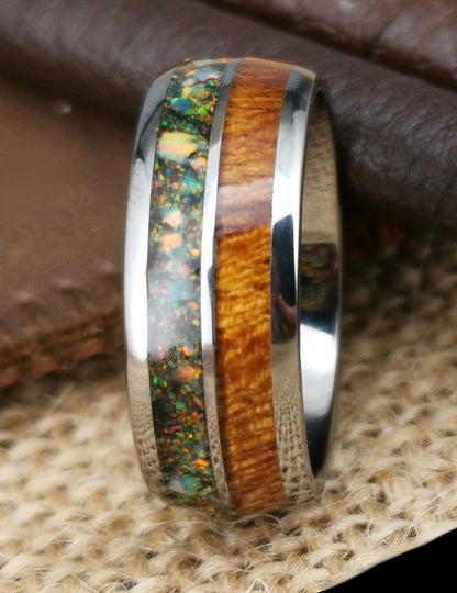 8mm Tungsten ring featuring a mix of crushed opal and oak wood inlays.