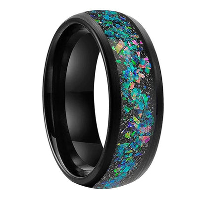 8mm black Tungsten galactic ring with domed design, holographic flakes, crushed opal, and real Moon dust inlay.