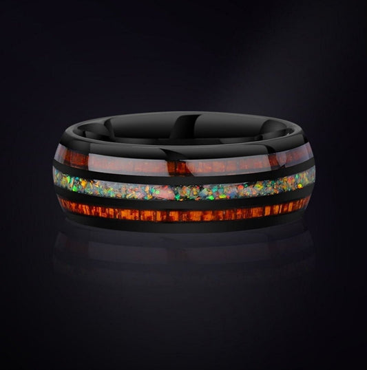 8mm black Tungsten men's wedding ring featuring a rainbow fire opal inlay with real mahogany wood, polished domed band.