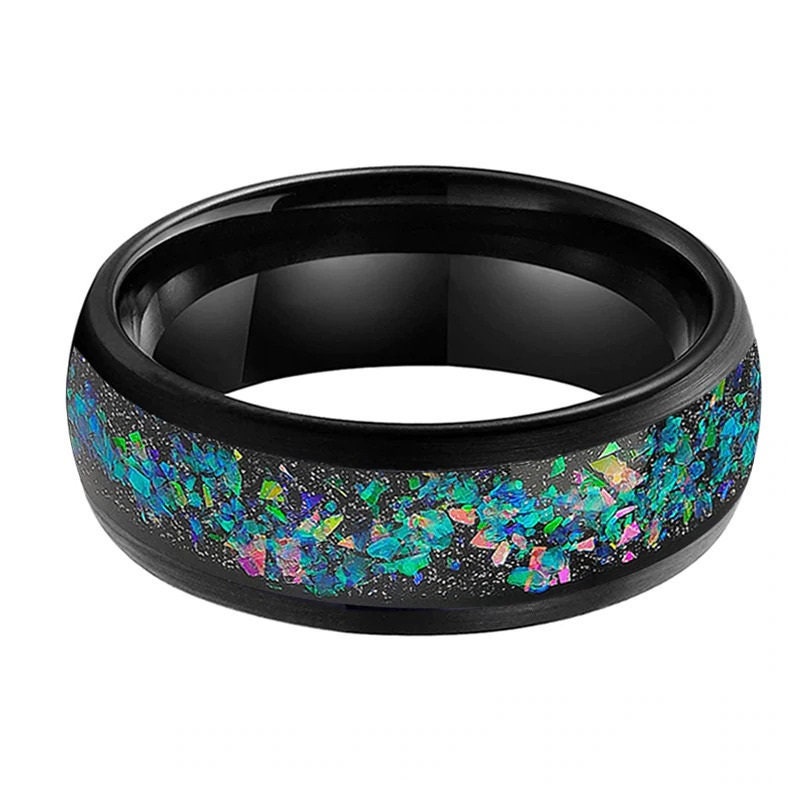 8mm domed black Tungsten galactic ring with genuine Moon dust, crushed opal, holographic flakes, black sandstone, and a comfort fit band.