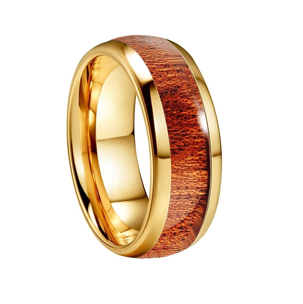 8mm gold Tungsten men's wedding band with a genuine Rosewood inlay and domed design, showcasing the natural wood grain enhanced by resin.