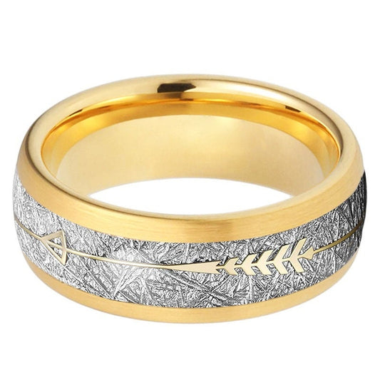 8mm gold Tungsten men's ring with a domed band, featuring a Gibeon meteorite inlay and arrow design.