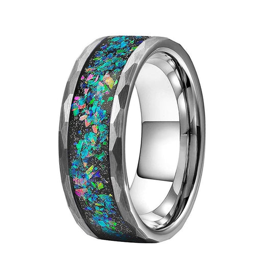 8mm hammered silver Tungsten ring with comfort fit interior. Inlaid with real Moon dust, opal chips, color-shifting holographic flakes, and black sandstone.