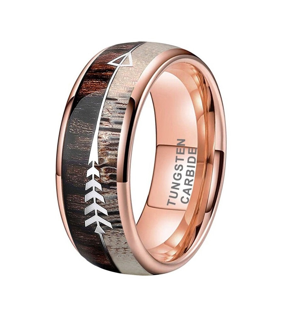 8mm rose gold Tungsten men's ring with a real Zebrawood and genuine naturally-shed deer antler inlay, featuring a silver arrow design and domed band.