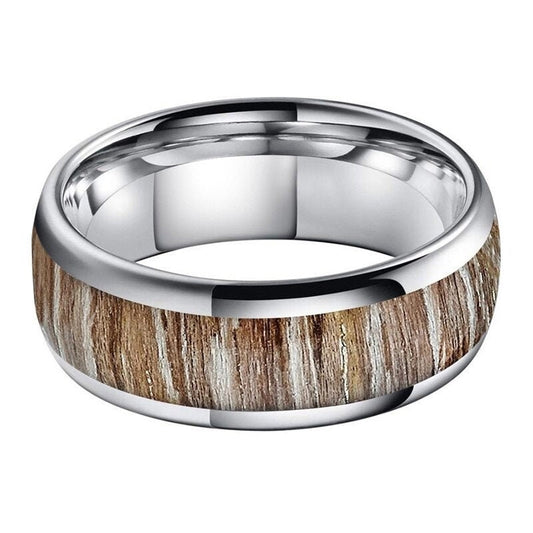 8mm silver Tungsten ring for men with a real driftwood inlay and domed band design.