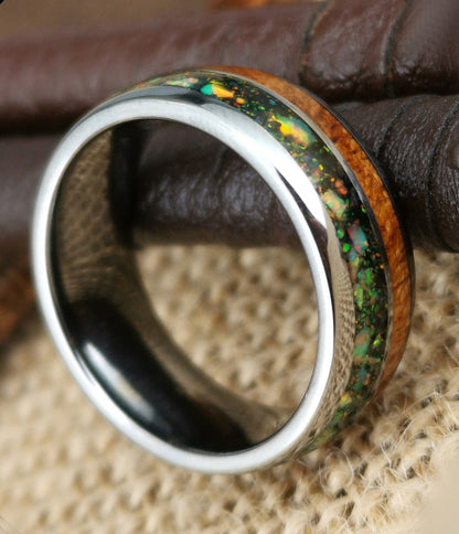 8mm silver Tungsten men's ring with crushed opal inlay and oak wood, domed design.