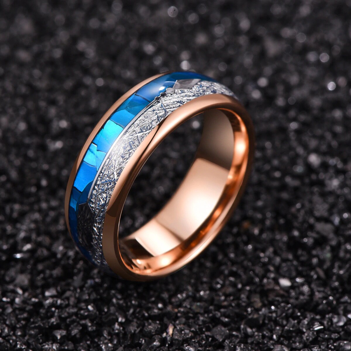 8mm rose gold Tungsten ring inlaid with blue abalone shell.