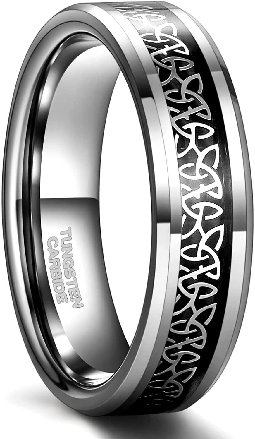 Celtic wedding ring set crafted from silver Tungsten with a detailed Celtic inlay.