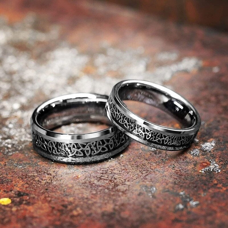 Celtic wedding ring sets with intricate Celtic Infinity Knot inlay.