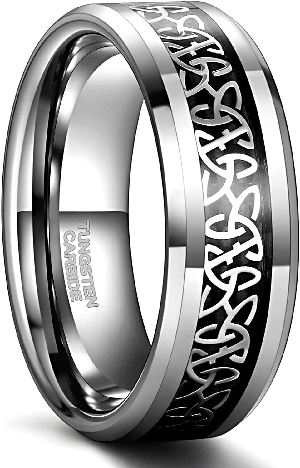 Comfort fit Celtic wedding ring with silver Tungsten and Infinity Knot design.