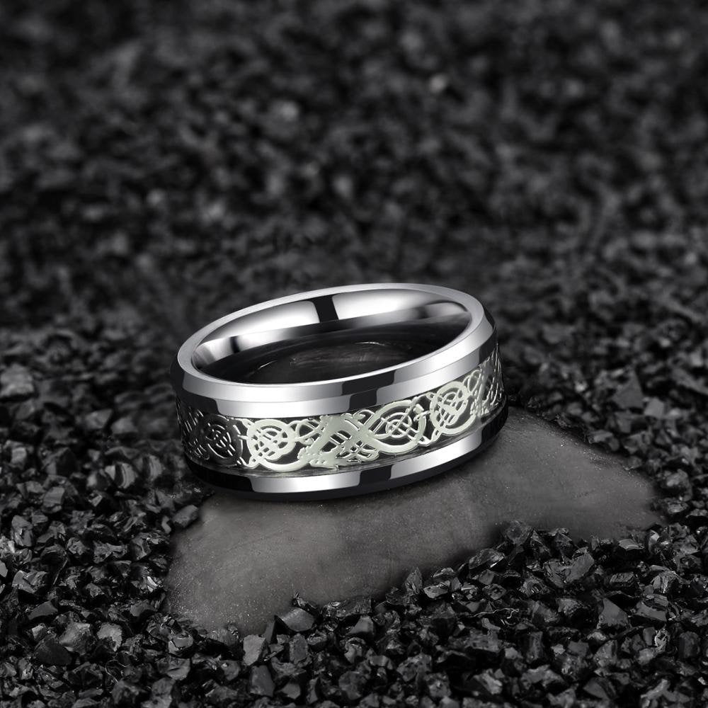 Dragon inlay Tungsten carbide ring with 8mm polished silver Tungsten band.