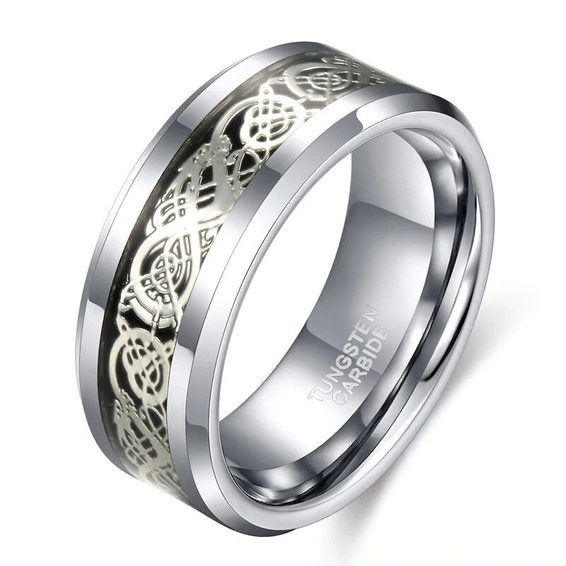 Dragon Tungsten carbide ring with beveled edges and comfort fit interior.