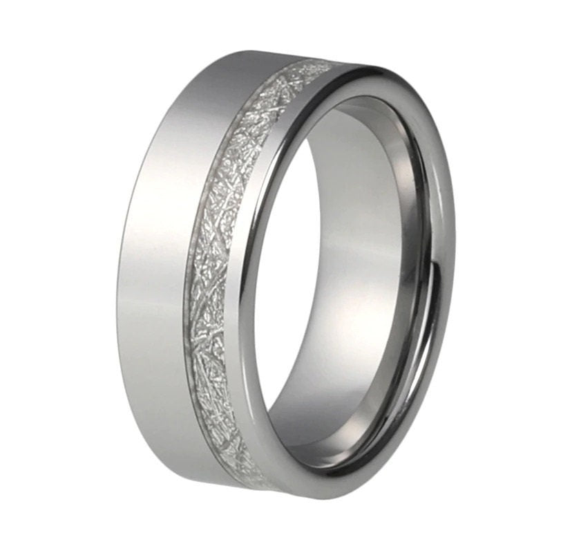 Gibeon meteorite inlay Tungsten men's ring with polished edges, displayed against a white background.