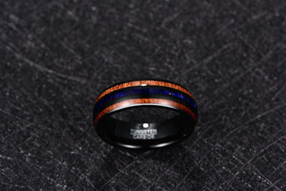 Lapis Lazuli mens ring with a black Tungsten band and vibrant blue gemstone inlay.