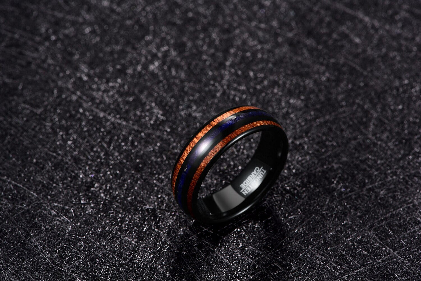 Lapis Lazuli ring for men, crafted from black Tungsten with Koa wood and blue gemstone.