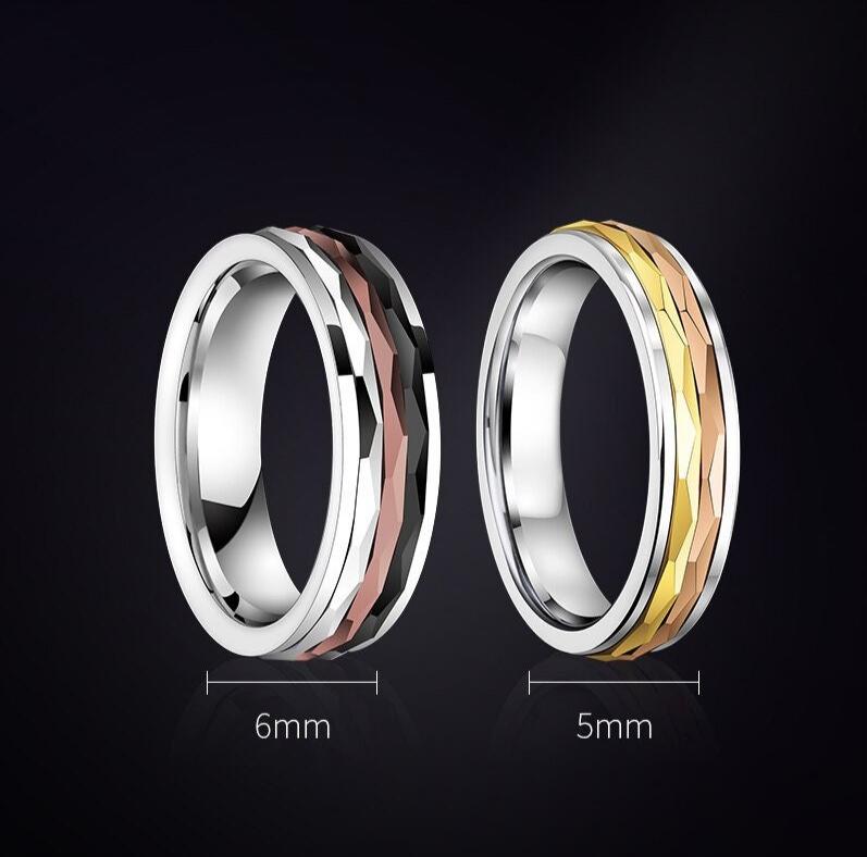 Men's Tungsten spinner ring set featuring a 6mm ring with silver, bronze, and black Tungsten spinners, and a 5mm ring with gold and rose gold spinners, on a polished silver Tungsten band.