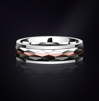 Men's Tungsten spinner ring with silver, bronze, and black center spinners, designed as a worry, fidget, or anxiety ring.