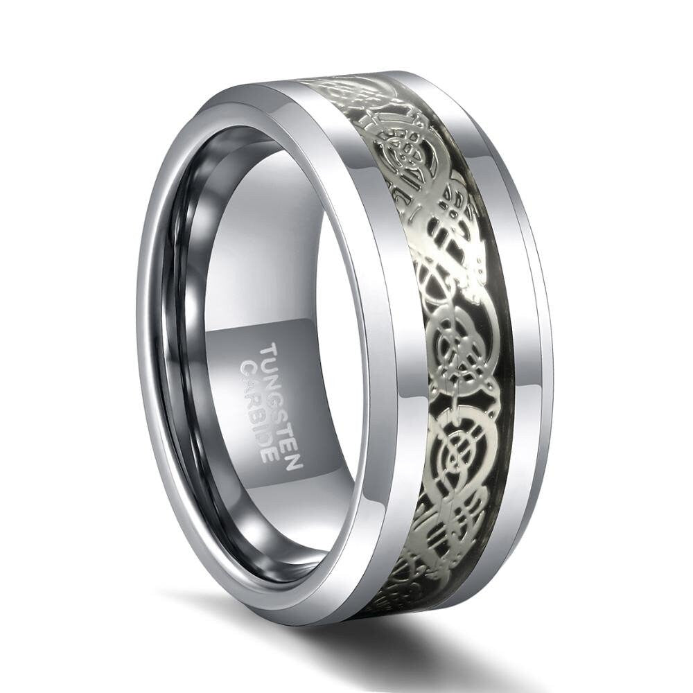 Mens silver dragon ring with an 8mm beveled silver Tungsten band.