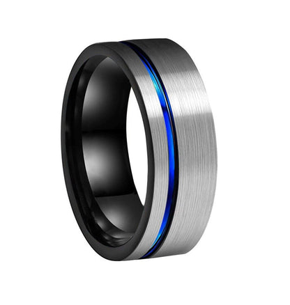 Mens tungsten ring with brushed silver Tungsten exterior and blue stripe.