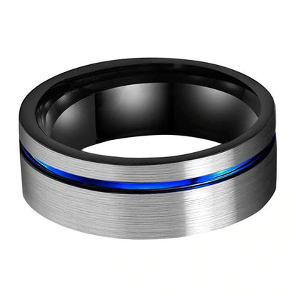 Mens wedding band with blue stripe, featuring a brushed silver Tungsten exterior.