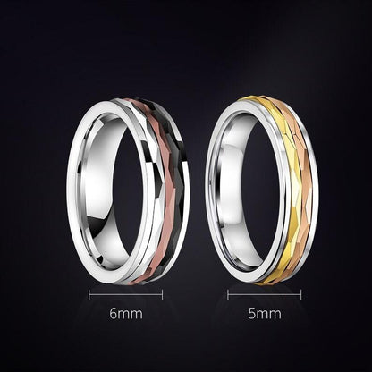 Set of men's Tungsten spinner rings, available in 6mm with silver, bronze, and black spinners, and 5mm with gold and rose gold spinners, featuring a polished silver Tungsten band.