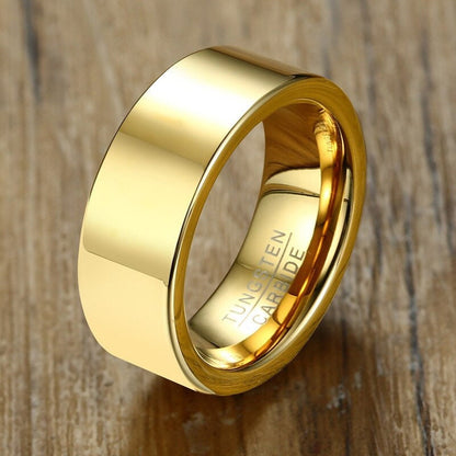 Tungsten and gold mens wedding bands with a polished 8mm flat band.