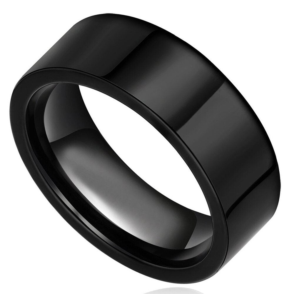 Tungsten mens black wedding band with a bold flat design, polished black finish, and comfort fit interior.