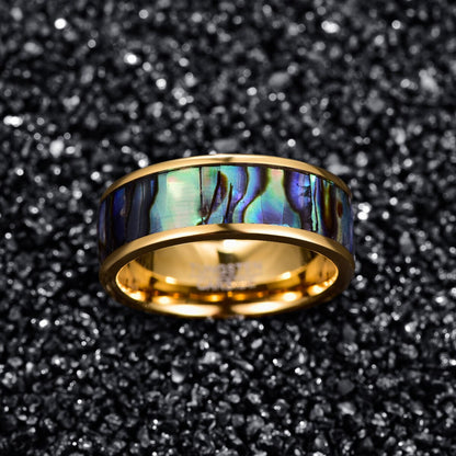 Abalone jewelry rings featuring gold Tungsten with vibrant abalone shell inlay.