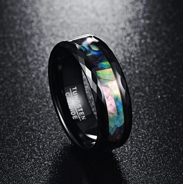 Abalone jewelry – faceted black Tungsten ring with comfort fit design.