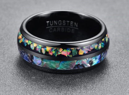 Abalone ring with black Tungsten, inlaid with colorful opal and iridescent abalone shell.