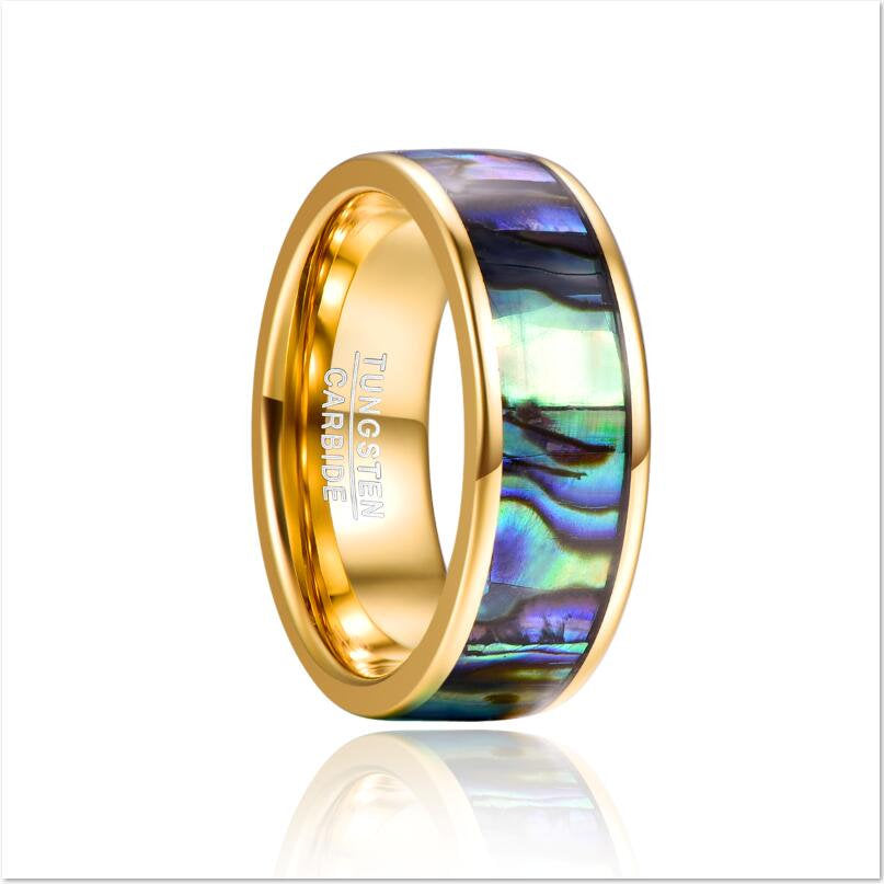 Abalone ring gold with a flat 8mm polished band and natural abalone shell inlay.