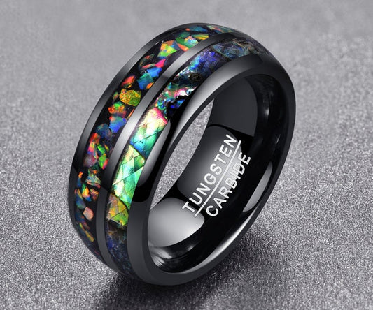 Abalone rings featuring opal chips and abalone shell in a polished black Tungsten band.