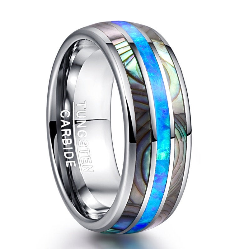 Abalone shell ring mens crafted from silver Tungsten with an 8mm width.