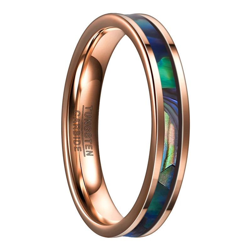 Abalone wedding ring with a 4mm rose gold Tungsten band and natural abalone shell.