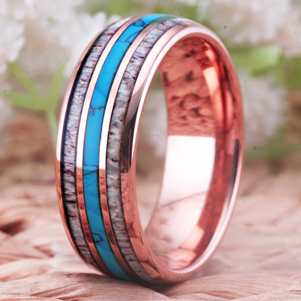 Antler mens wedding band with rose gold Tungsten, Turquoise, and elk antler.