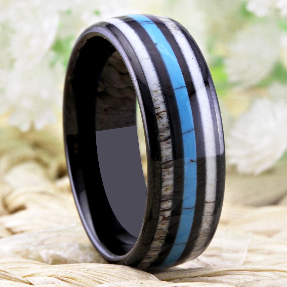 Antler wedding bands with black Tungsten, Turquoise inlay, and comfort fit interior.