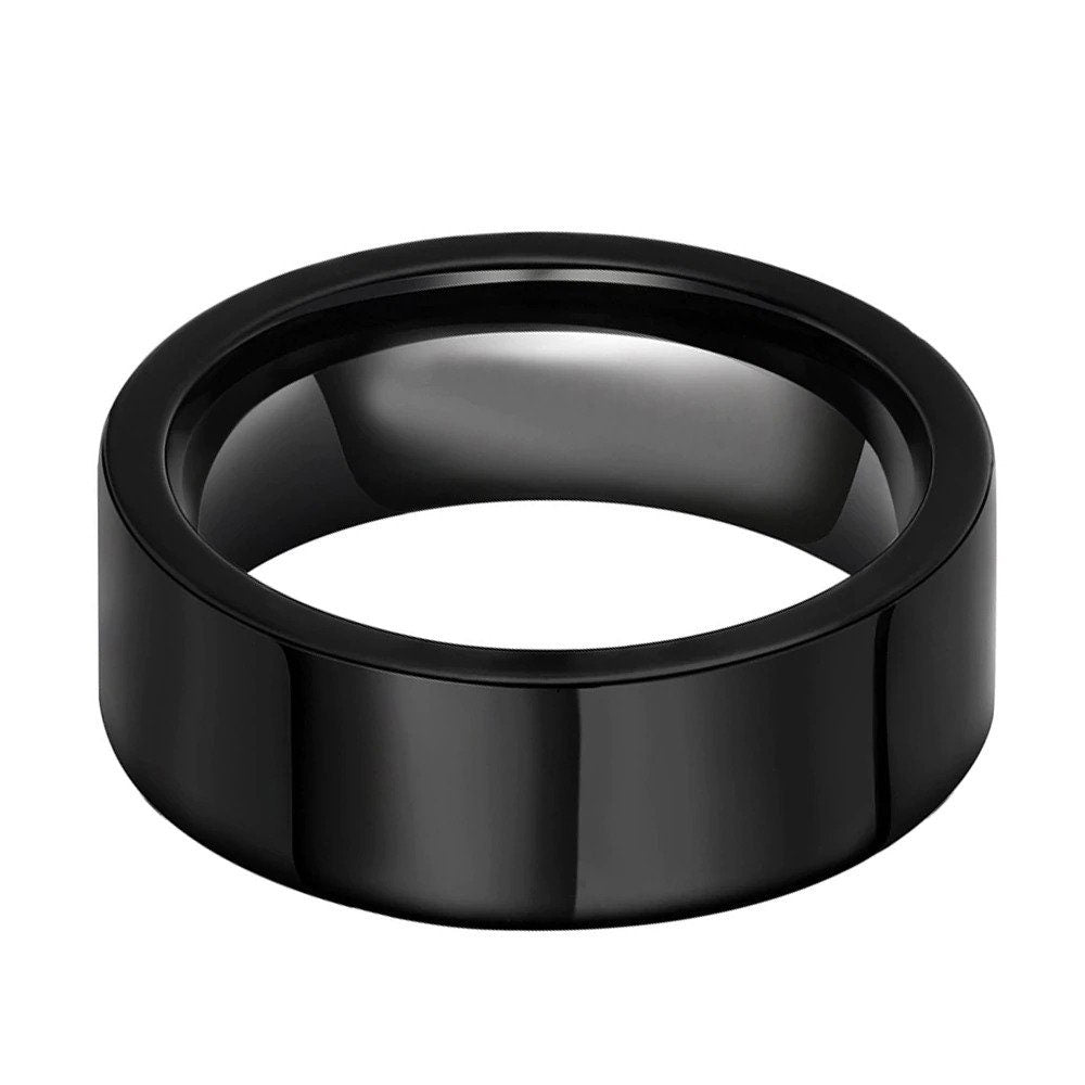 Black Tungsten mens ring crafted with a polished flat band and smooth comfort fit design for masculine appeal.