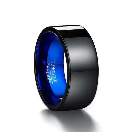 Black and blue mens wedding band with flat polished Tungsten design.