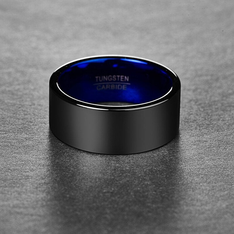 Black and blue Tungsten mens ring with comfort fit and flat band.