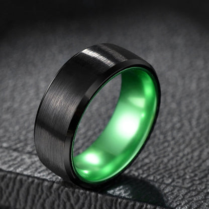 Black and green mens wedding band crafted from Tungsten with beveled edges.