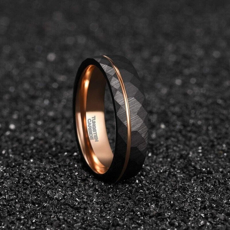 Black and rose gold mens wedding band with faceted Tungsten and comfort fit design.