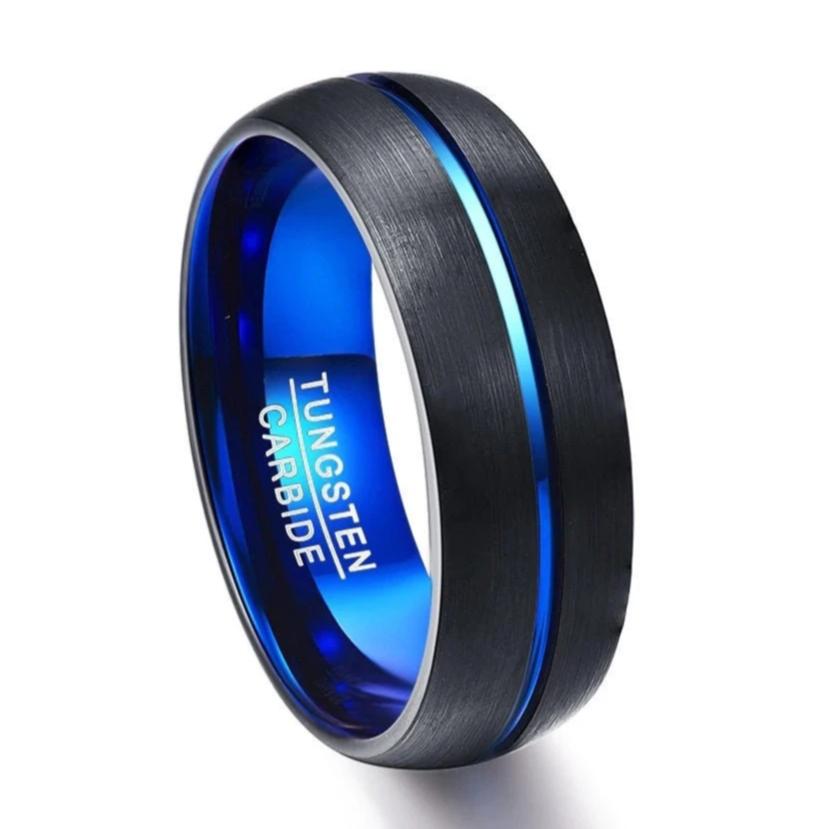 Black blue wedding band crafted from black Tungsten with a blue stripe.