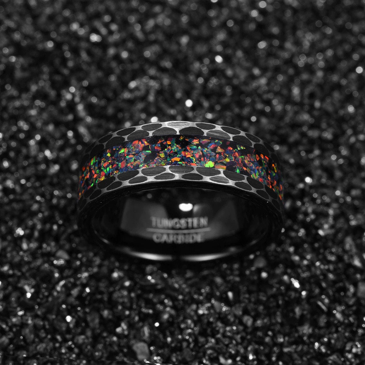 Black fire opal mens ring with hammered Tungsten and silver accents.