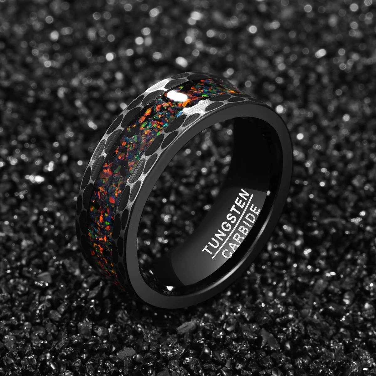 Black gemstone ring men featuring fire opal inlay and Tungsten band.