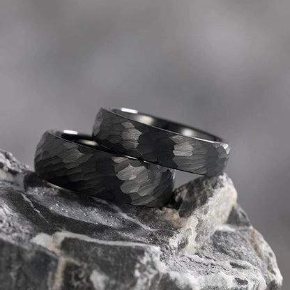 Black hammered mens ring with a textured surface and polished interior for maximum comfort.