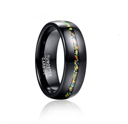 Black opal wedding rings with domed black Tungsten and inlay of natural opal.