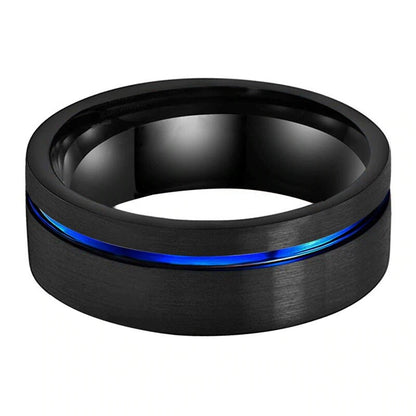 Black ring with blue crafted from Tungsten with a bold blue stripe.